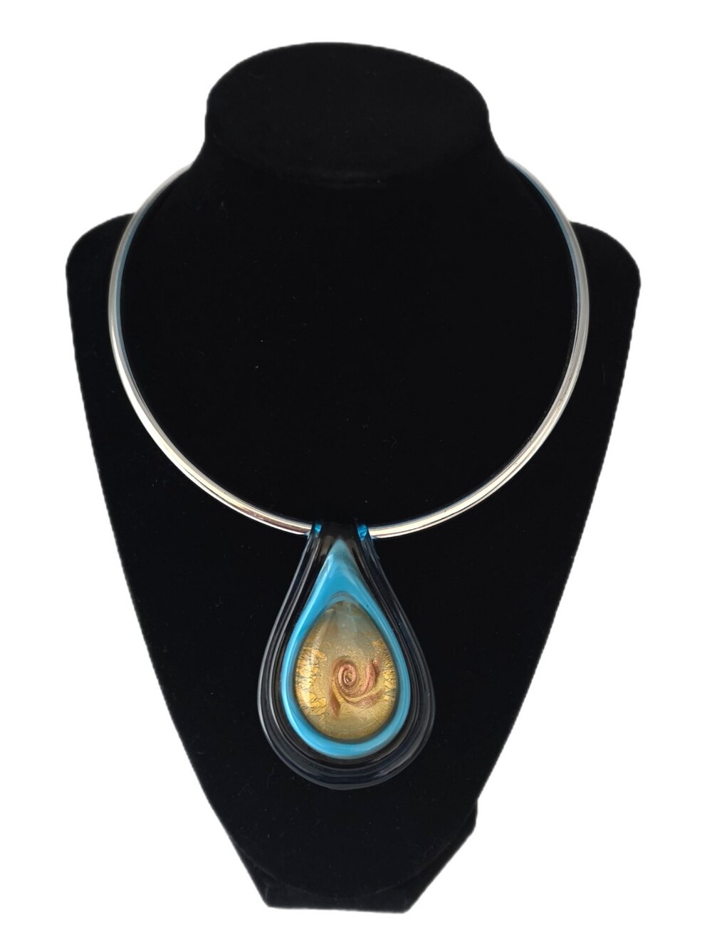 Murano Glass Teardrop Pendant Choker Necklace Black Blue Gold Copper Colored